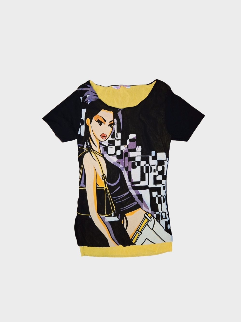 Y2k Euro Micromesh Graphic Black & Yellow Art Tee!